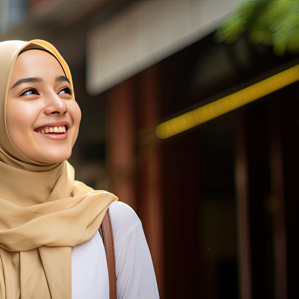 A young Malay Muslim woman smiling and looking away